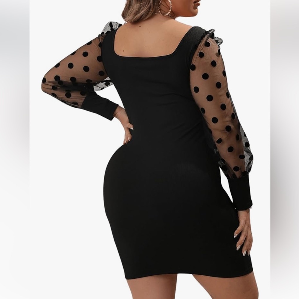 Black Ribbed Bodycon dress with Sheer Polka Dot Sleeves - Picture 2 of 8
